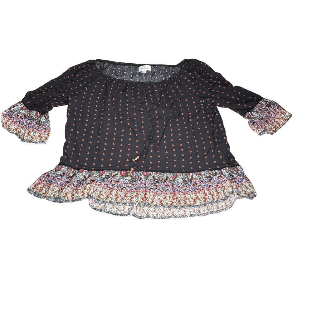 Blu Heaven Women's sz Large Multicolor Peasant Boho Blouse top Black Floral